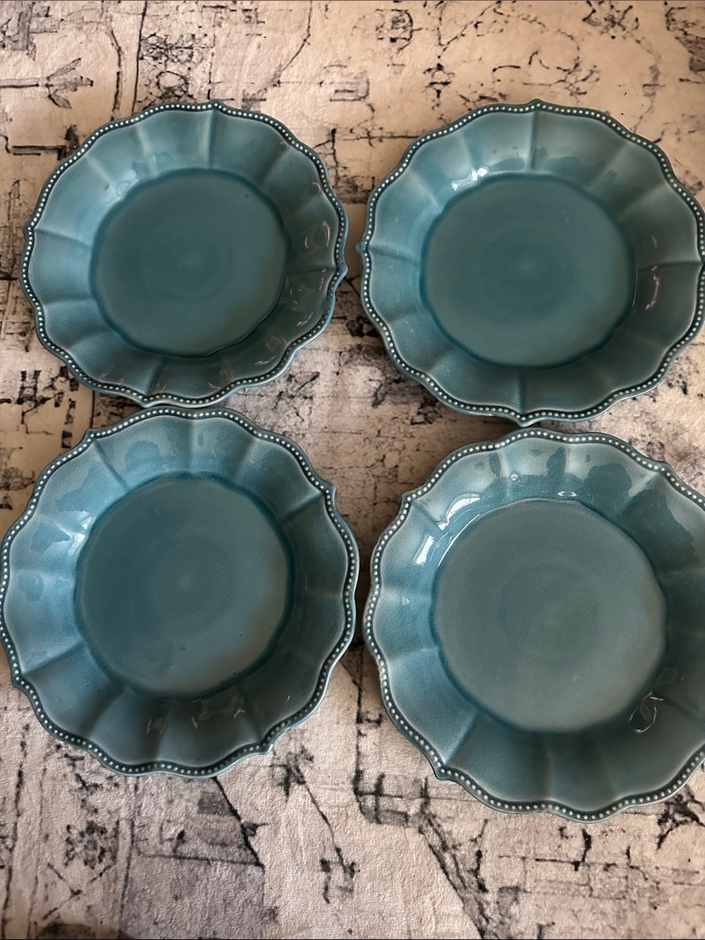 Set of 4 Pioneer Woman “Paige” Denim Blue Crackle Ceramic Dinner Plates